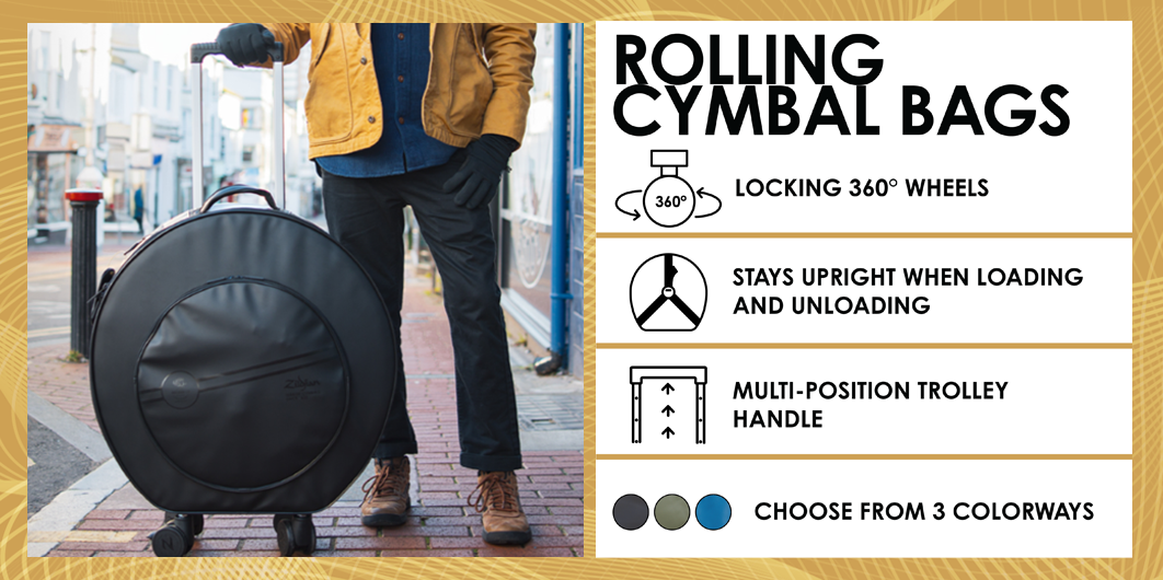 "Rolling Cymbal Bag key feature graphic. Left side: Jay Weinberg posing with the cymbal bag. Right side: Features include locking 360° wheels, stays upright when loading and unloading, multi-position trolley handle, and three color options (Black, Green, Blue).