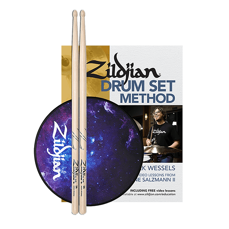 Zildjian drum set method bundle. Made up of educational book, Zildjian sticks, and practice pad.